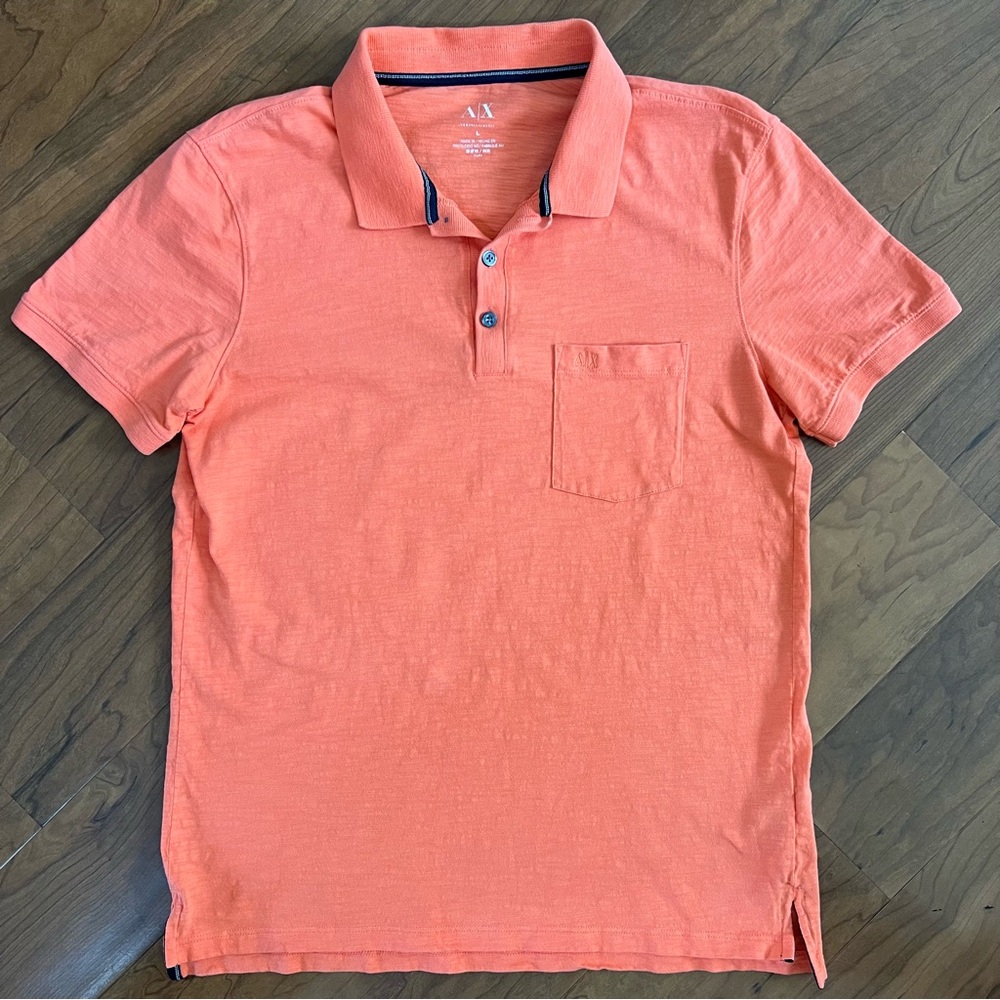 Armani Exchange Mens Polo Large Orange Salmon Short Sleeve Pocket‎ Logo Casual